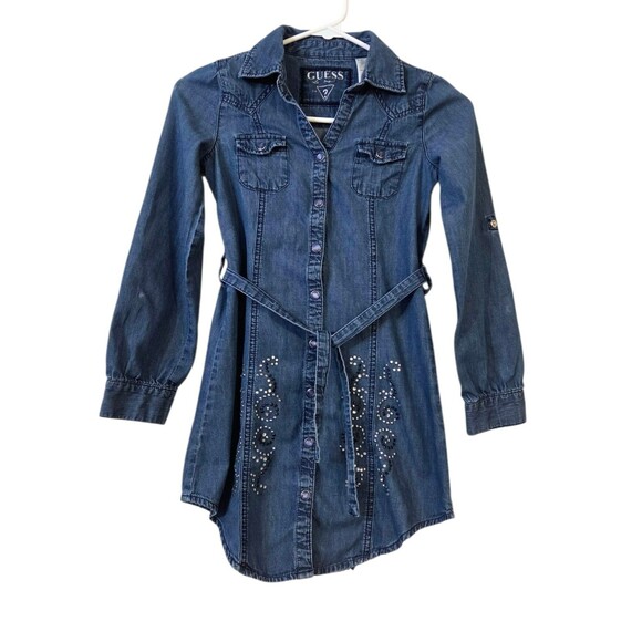 Guess Denim Dress Y2K Pearl Buttons Tie Rhinestones Bedazzle Girls Size 10 / 12 - Picture 1 of 8